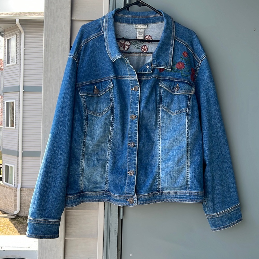 Adorable, plus size, women’s embroidered jean jacket.